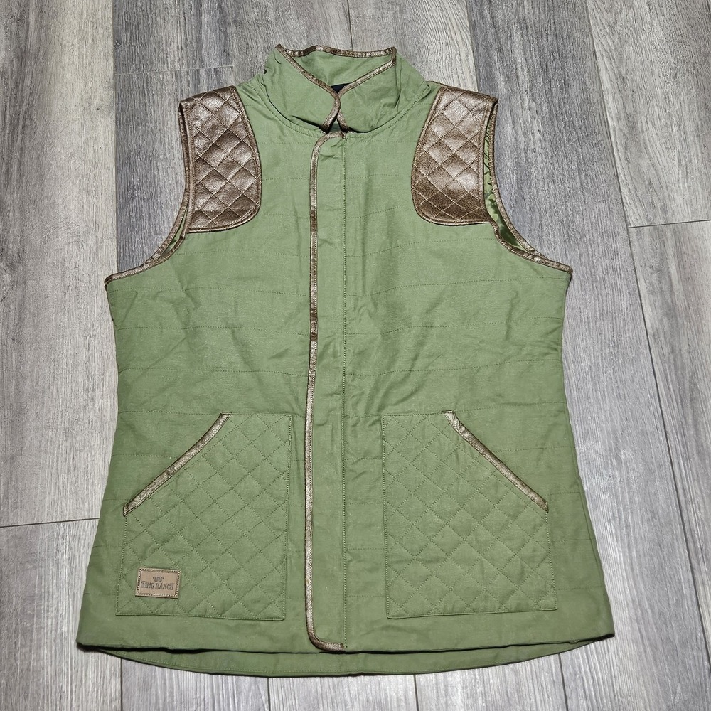 King Ranch Vest Womens Green XL Brown Quilted‎ Faux Leather Western Outdoor NWOT